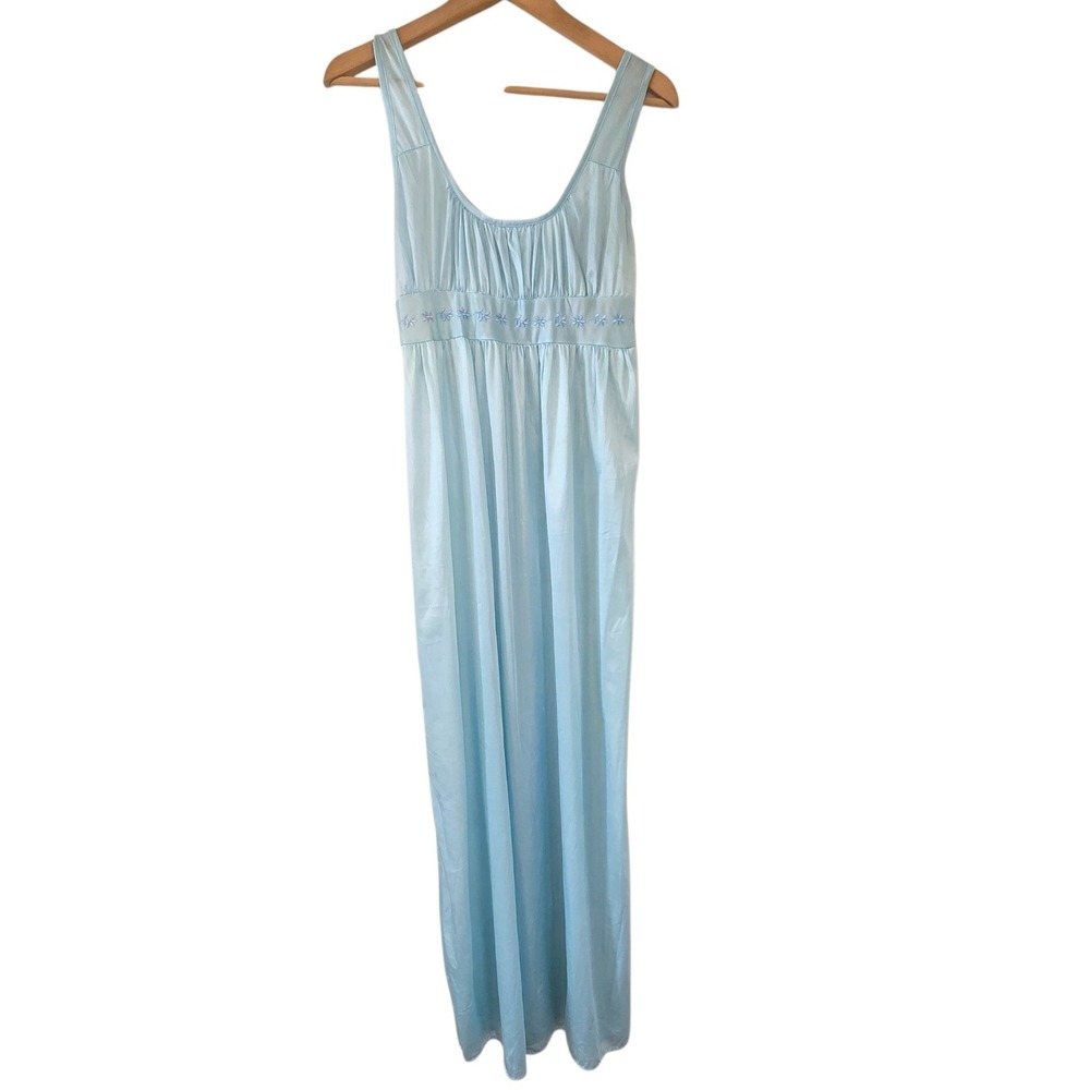 Vintage Bernette New York Nightgown S Blue Long Floral Embroidered Nylon Gown